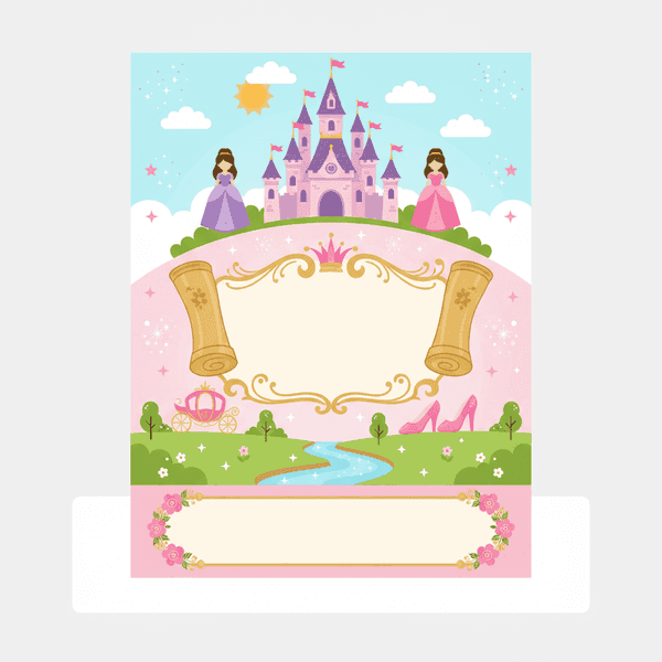 AI-generated princess castle birthday invitation with royal fairy tale design