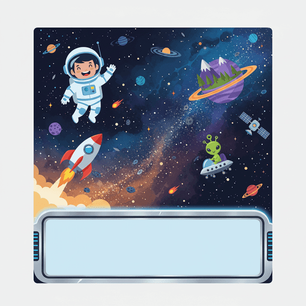 AI-generated space explorer birthday invitation with rockets and galaxy design