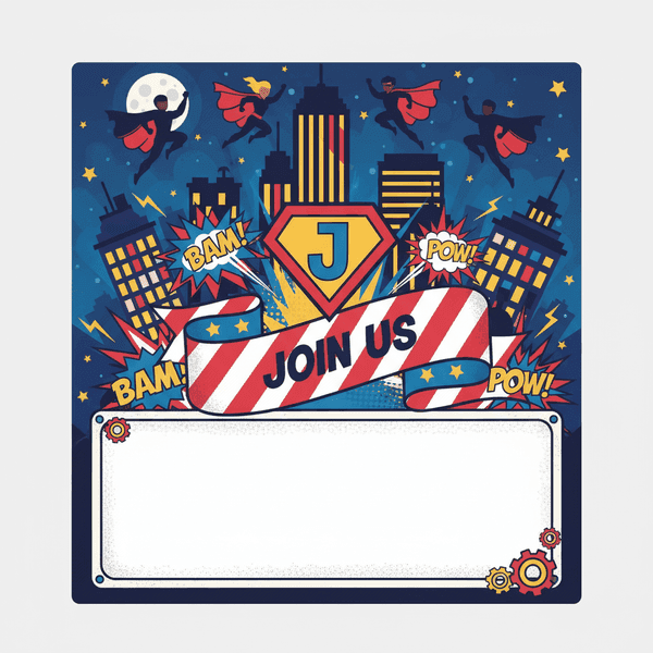 AI-generated superhero party birthday invitation with action-packed comic-style design