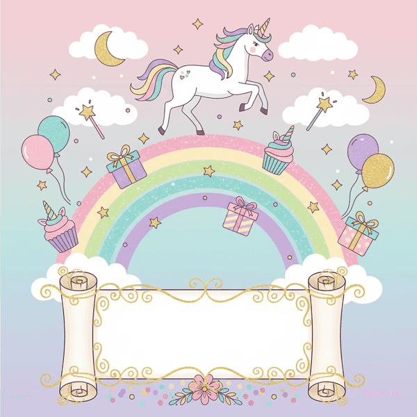 AI-generated unicorn magic birthday invitation with rainbow and pastel design elements