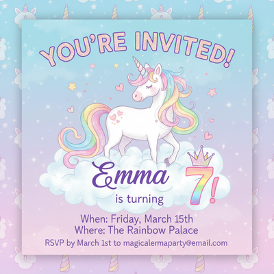 Unicorn Magic invitation for Emma
